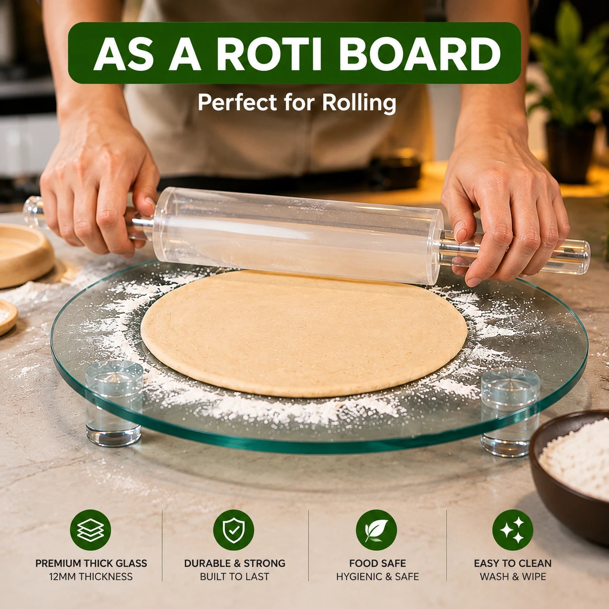 Tempered Glass Heavy Duty Non-Slip Rolling Board with Acrylic Pin