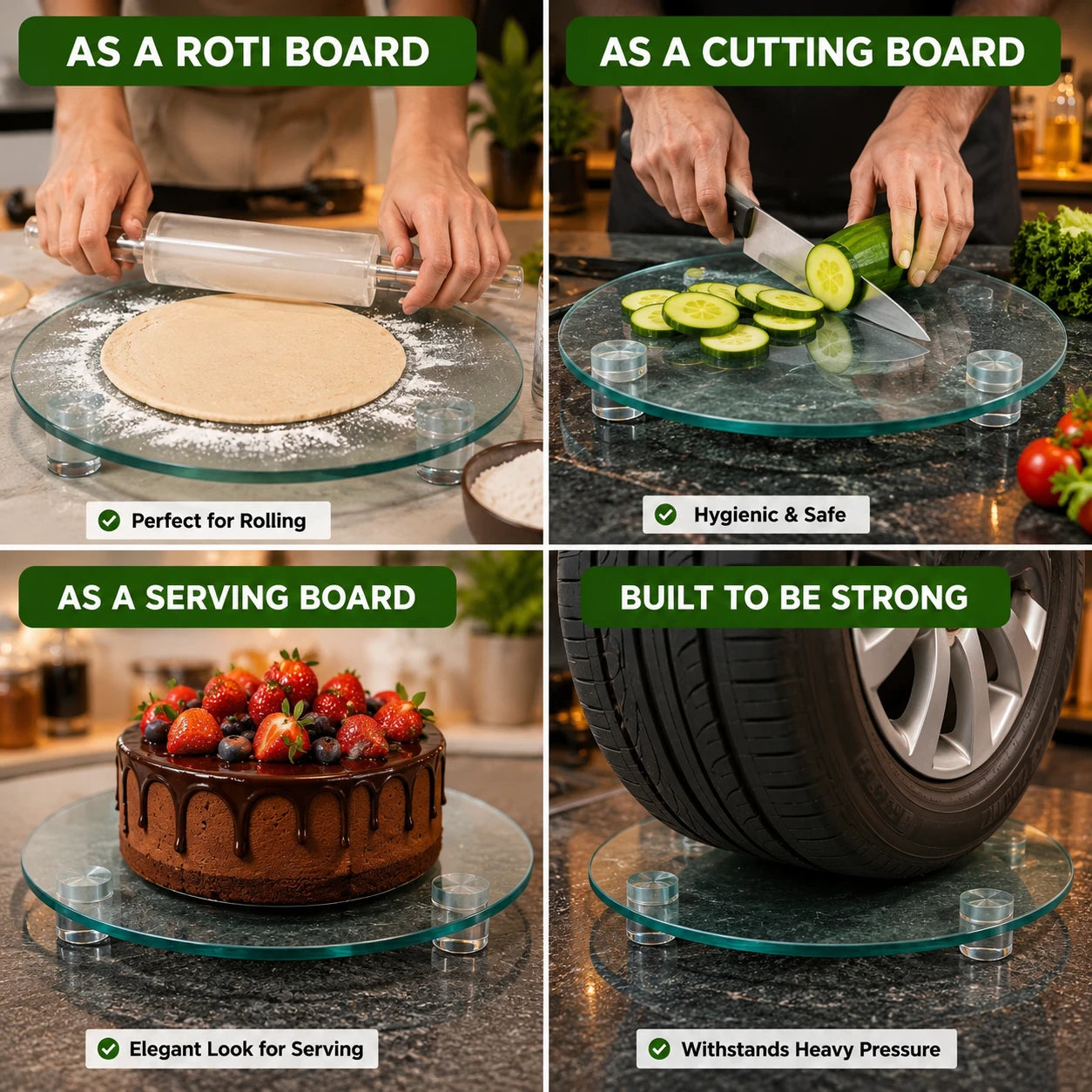 Tempered Glass Heavy Duty Non-Slip Rolling Board with Acrylic Pin