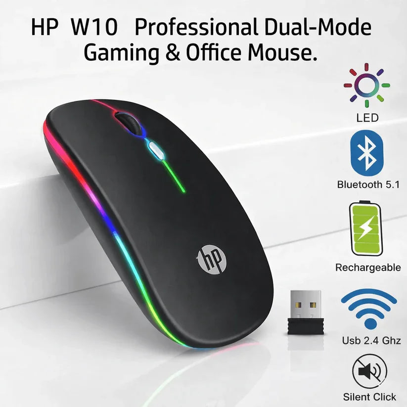 HP M-310 professional dual-mode gaming & office mouse with features highlighted on a white background