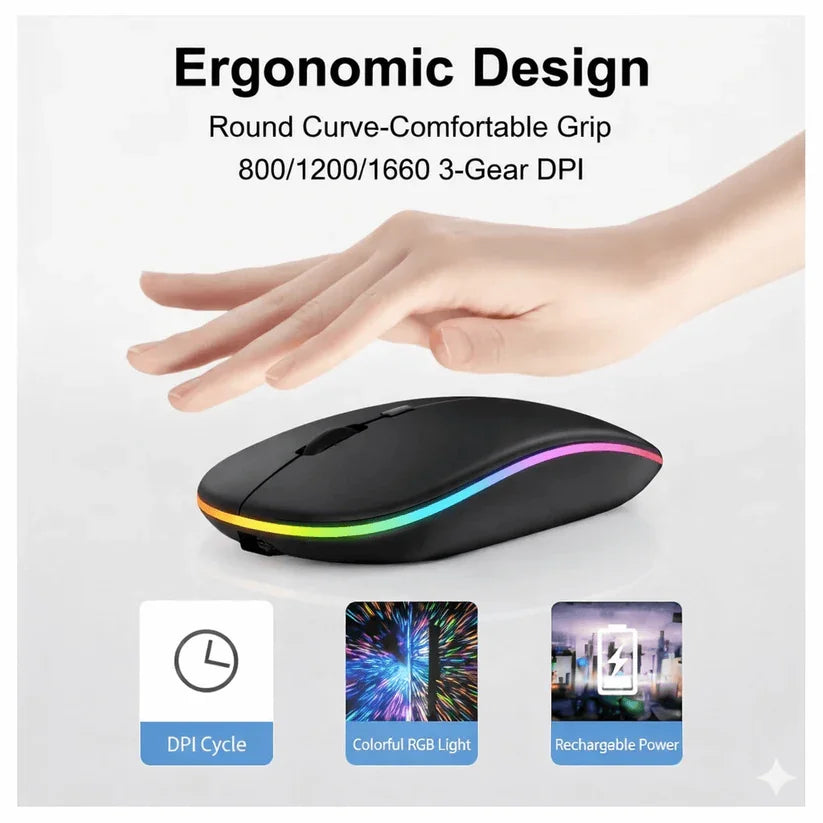 Ergonomic mouse with RGB lighting on a white background, featuring text about its design and features.