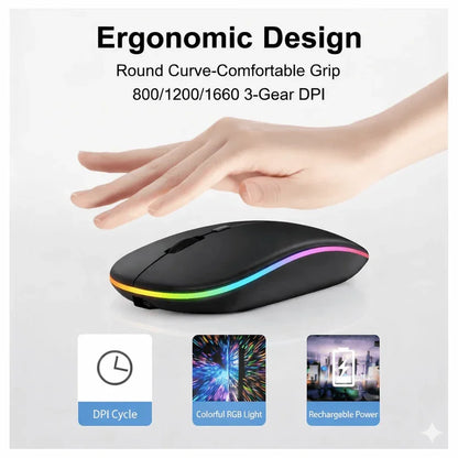 Ergonomic mouse with RGB lighting on a white background, featuring text about its design and features.
